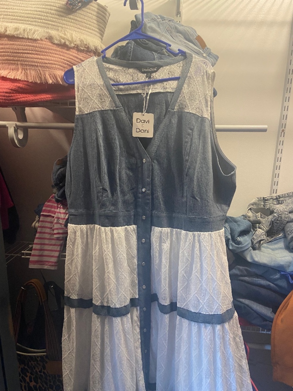 Sleeveless denim and lace dress